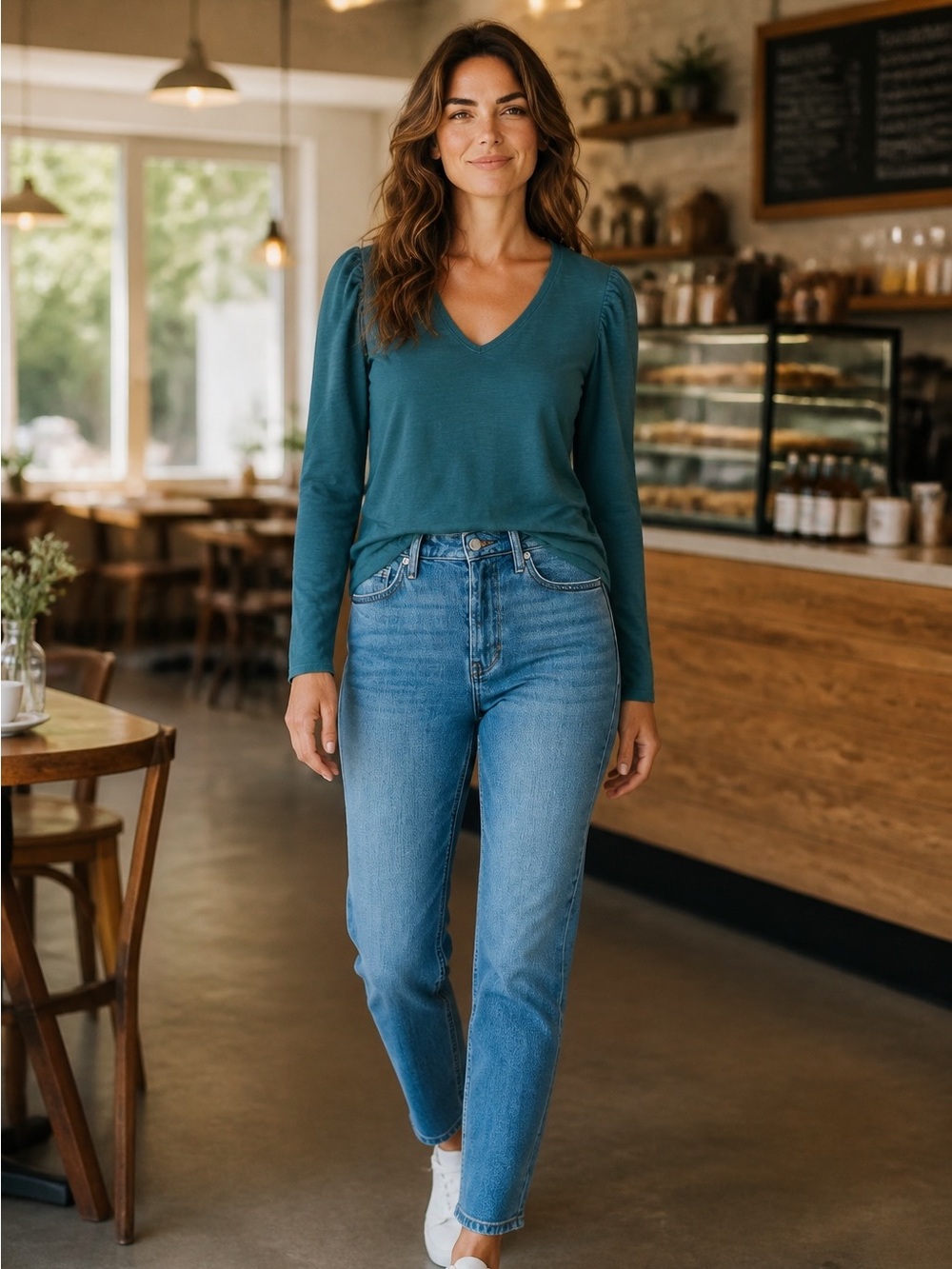 Nation Green V-Neck Long Sleeve Cotton Top with Puff Shoulders